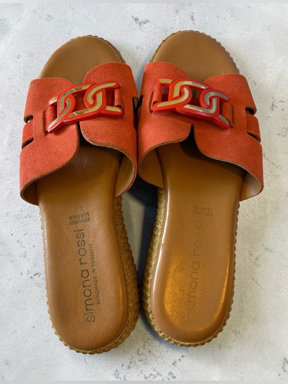 Simona Rossi Handmade Suede Raffia Orange Slides With Big Gold-tone Chain 9 /40